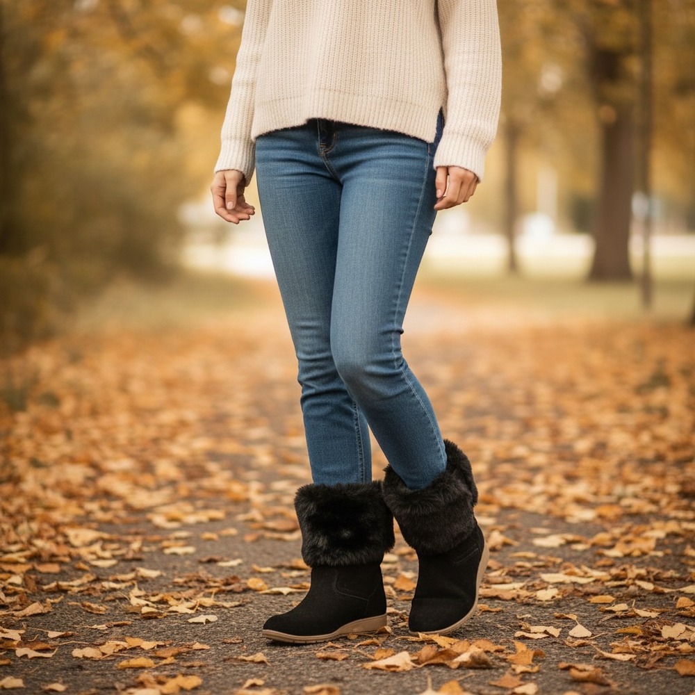 Lands End Black Suede Faux Fur Trim Winter Wedge Boots‎ 420483 US 7B